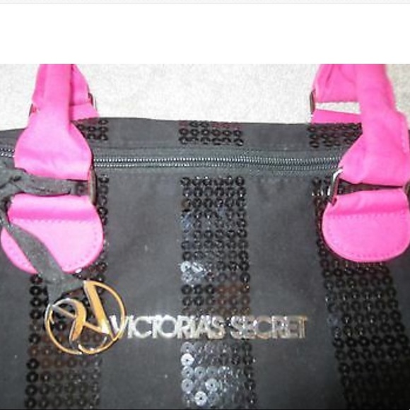 Victoria’s Secret Black Pink Sequined Tote Duffle Bag Shoulder Strap Good Size - Picture 3 of 9